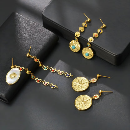Stainless steel geometric earrings in three design options: Eight Awn Star, Eye, and Shell Sun styles