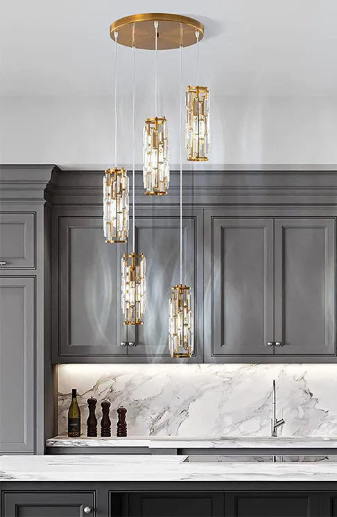 Industrial style crystal droplight with single LED head in black, gold, or chrome finish