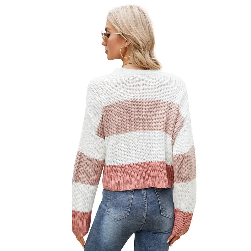 Women's short striped pullover sweater in acrylic fibre with loose fit and regular sleeves