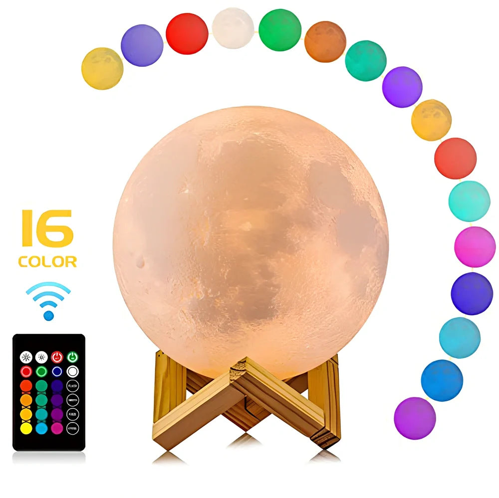 3D-printed moon night table lamp with remote control on wooden holder, showing lunar texture and adjustable brightness aperture