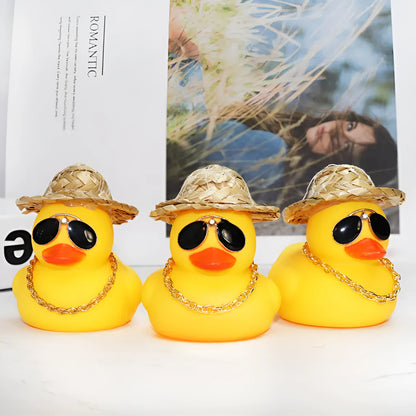 Straw hat yellow duck car decoration with matte finish plastic alloy construction