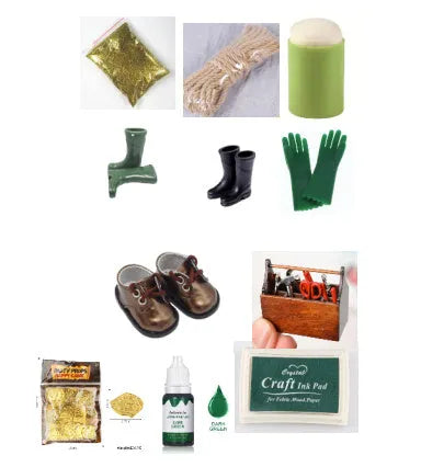 Set of 24 small bottled edible pigment colours in a toolbox with crafting accessories like glitter and sponges.