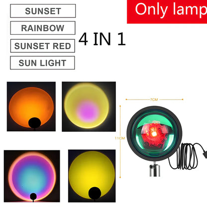 Sunset projection lamp with remote control showing rainbow colour lighting effects on wall