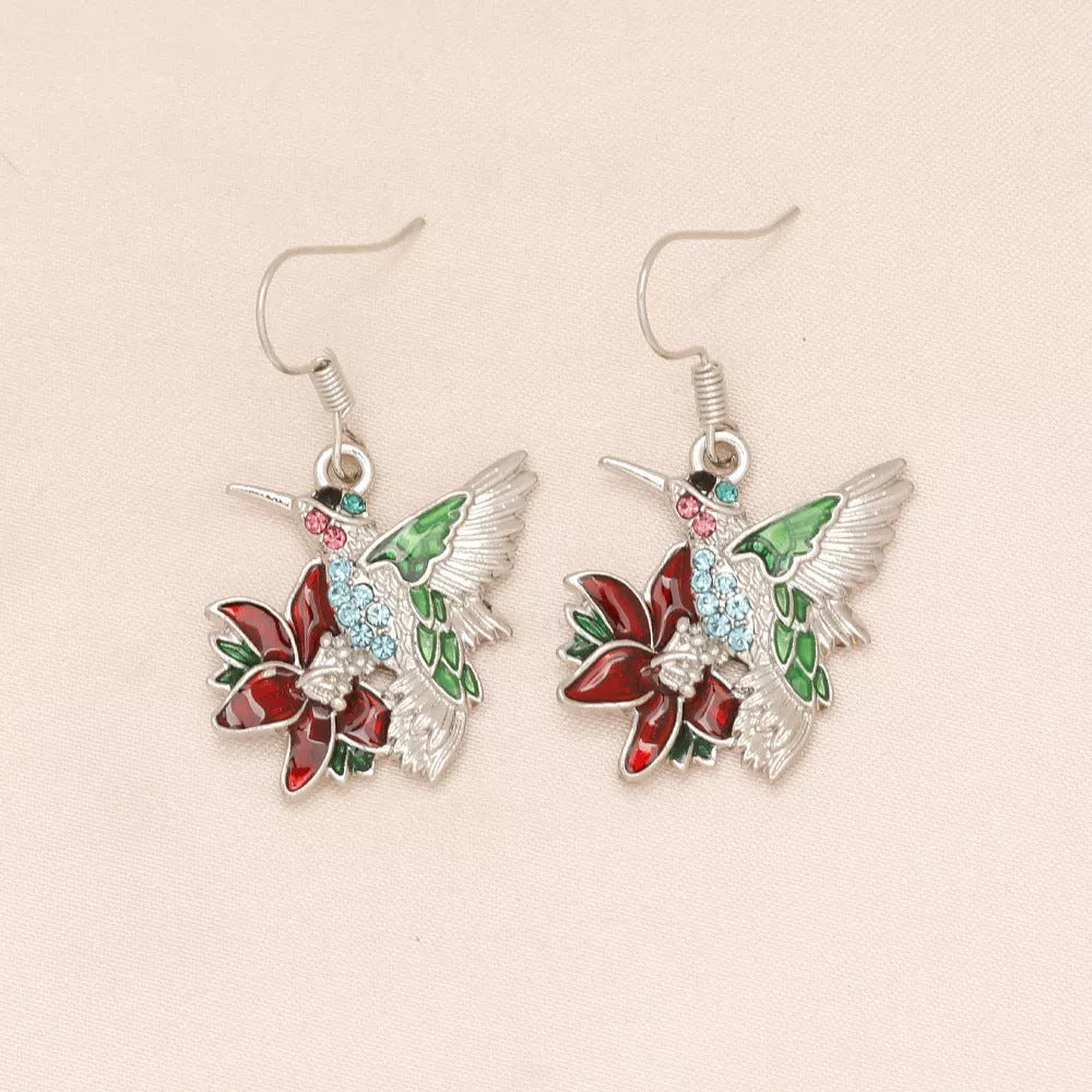 Silver Hummingbird Diamond Pendant Earrings with water droplet design, Korean-style jewelry