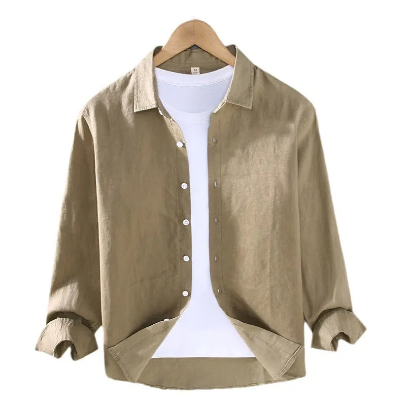 Pure linen men's cardigan shirt in a solid colour with long sleeves.