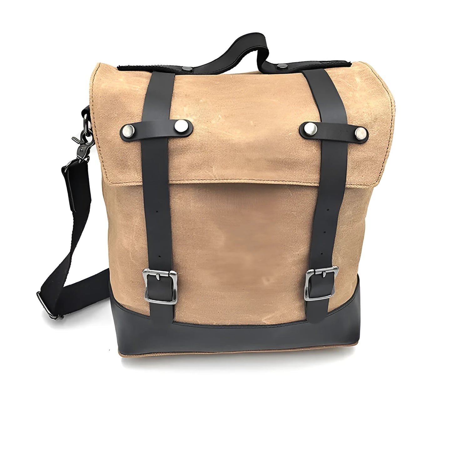 Black waterproof canvas motorcycle side bag with cowhide accents showing mounting straps