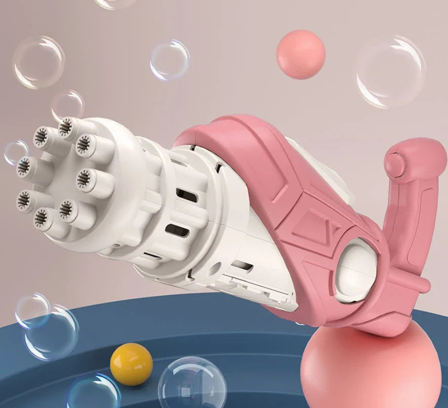 A colorful bubble machine with 8 bubble-blowing holes, designed for safe, mess-free outdoor fun for kids and pets.