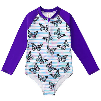 Girl's long-sleeve one-piece swimming suit in a briefs style on a hanger.