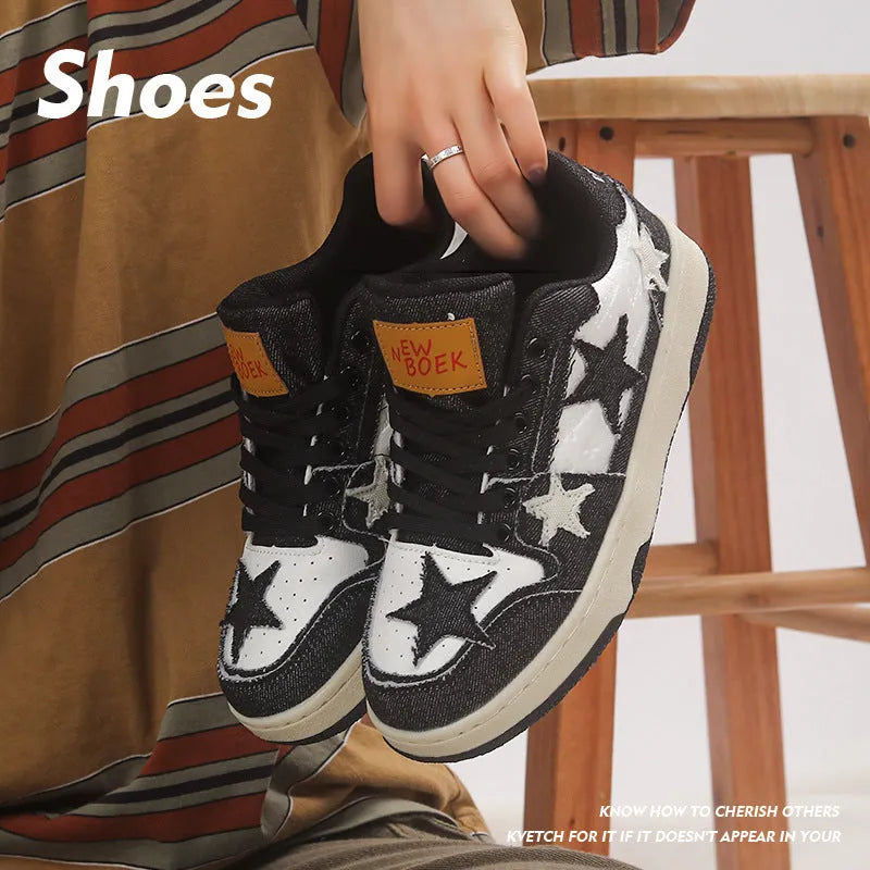 Denim skate shoes with flat rubber sole, lace-up front, and mesh lining in black, green, or pink.