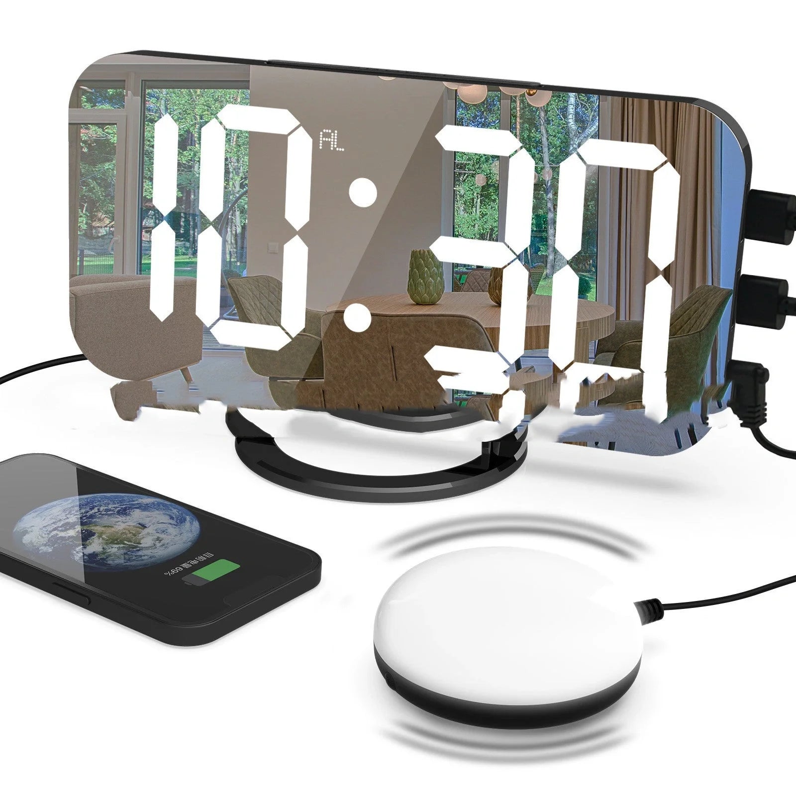 Digital Mirror Clock with LED display and dual USB ports in white and black options