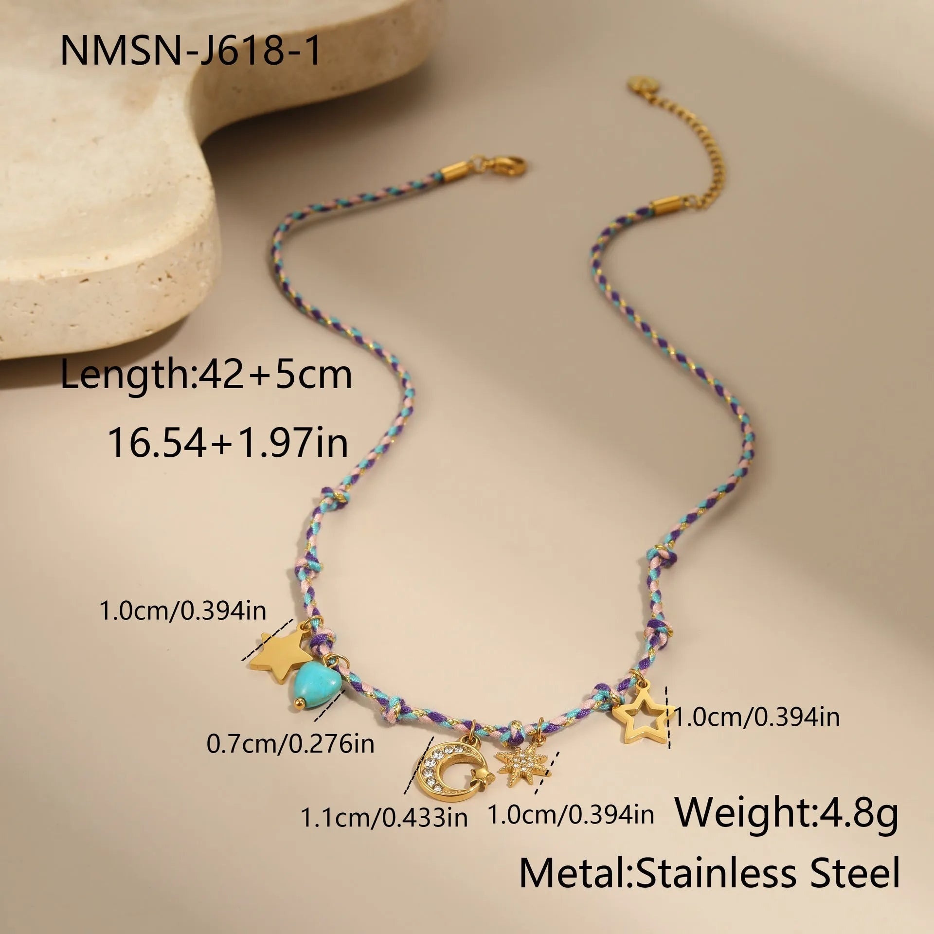 Handmade braided rope titanium steel necklace and bracelet with heart pendant on 18K gold plated chain.