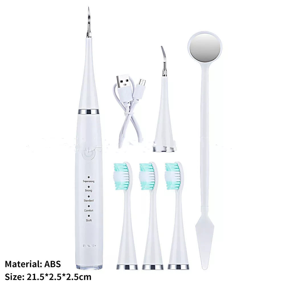 High-frequency electric toothbrush in white and black, with USB charging cable and brush heads