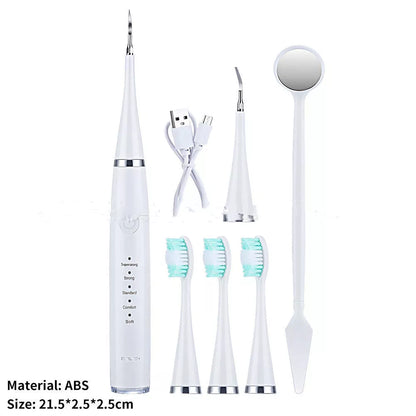 High-frequency electric toothbrush in white and black, with USB charging cable and brush heads
