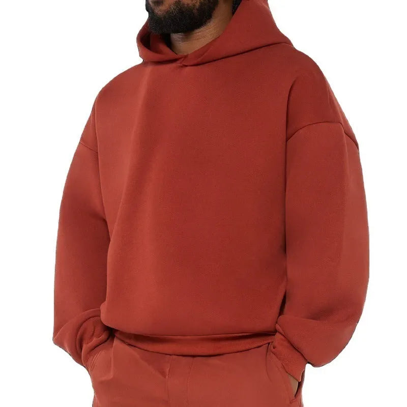 Men's solid colour fleece-lined hoodie with wool lining in pullover style