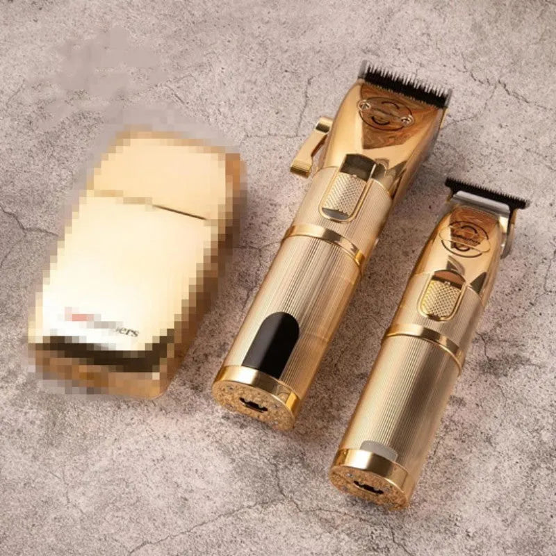 Gold-coloured cordless hair clipper with 25W motor and dual power supply options