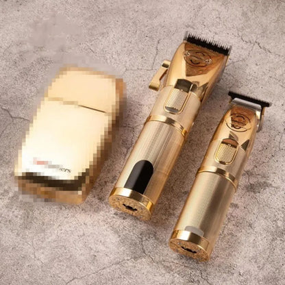 Gold-coloured cordless hair clipper with 25W motor and dual power supply options