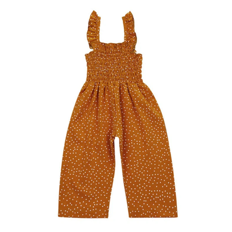 Brown polka dot sleeveless jumpsuit on child, showing non-hooded design and thin fabric suitable for heights 90-130cm