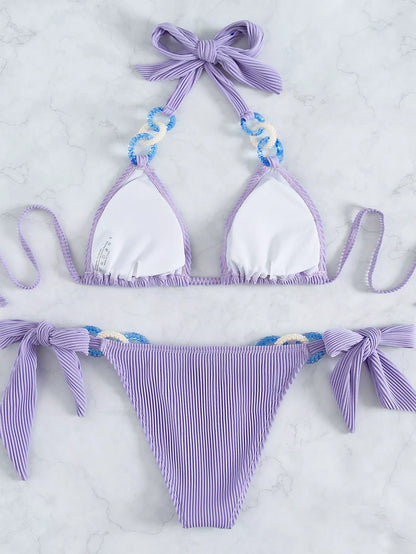 Purple Side Tie Jewelry Solid Halter Beach Bikini with adjustable straps