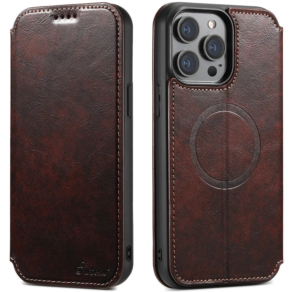 Magnetic leather iPhone case with bracket and card slot, PU TPU, Black Blue Brown Khaki, for iPhone 12 to 15 Pro Max