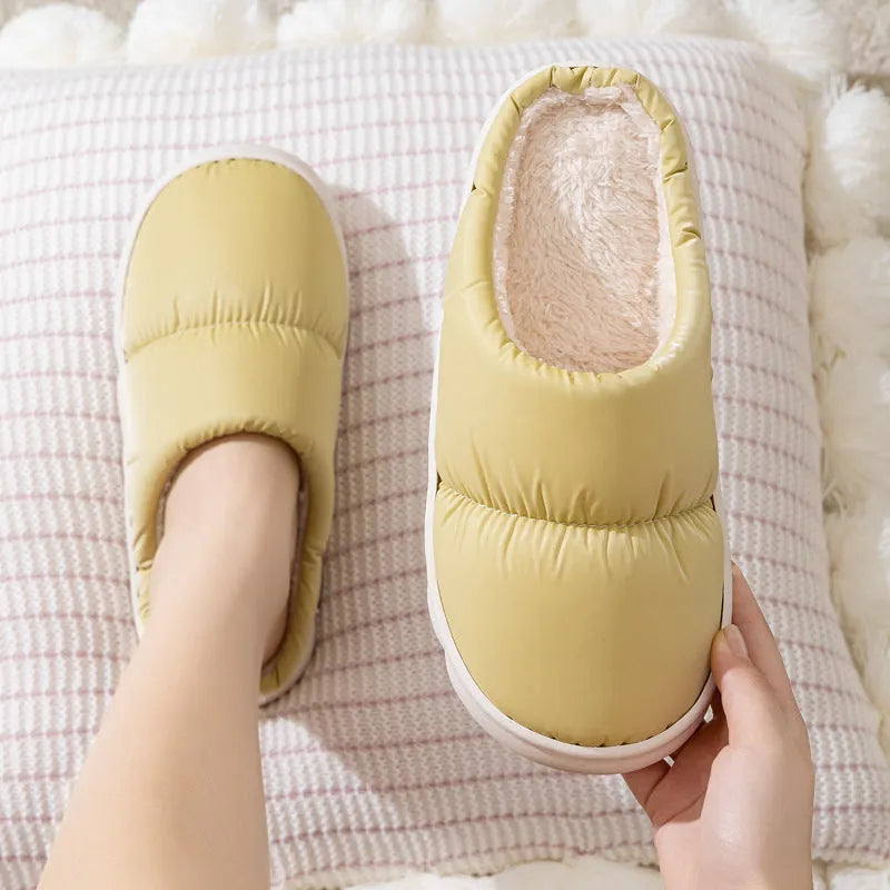 Down cotton slippers with artificial leather upper and rubber anti-slip sole in blue colour