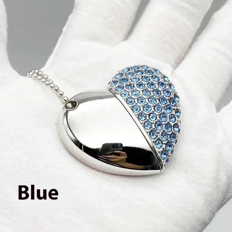Heart-shaped metal USB flash drive with a brick-patterned surface in multiple colour options.