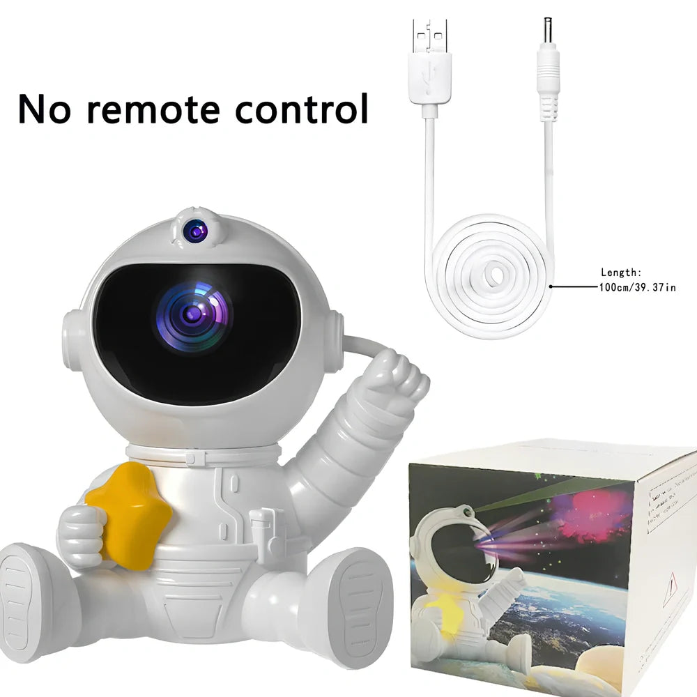 Astronaut-shaped projection lamp with starry display showing seven colour options and remote control
