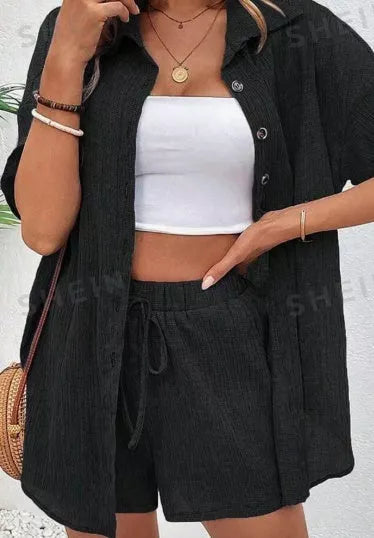 Women's cardigan and lapel shirt set with single-breasted closure in burgundy, black, or blue