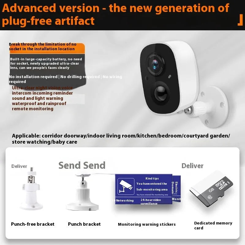 White wireless indoor security camera with built-in bracket on a shelf.