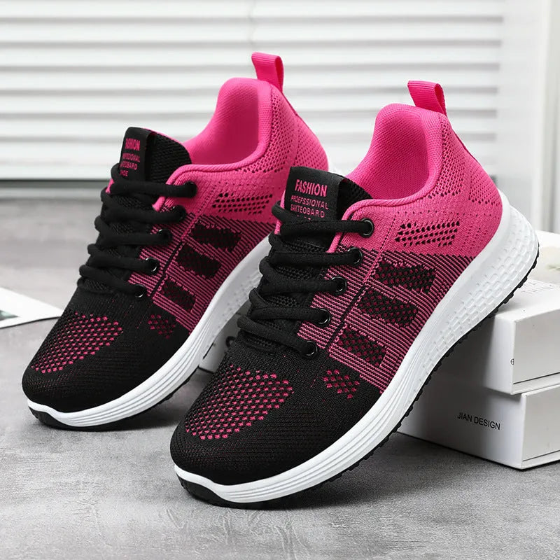Women's Fly-knit running sneakers in black, rose red, or gray pink with soft bottom and flat heel.