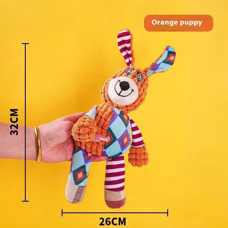 Bite-resistant puppy plush toy with relieving molar design in multiple animal styles including donkey and duck variations