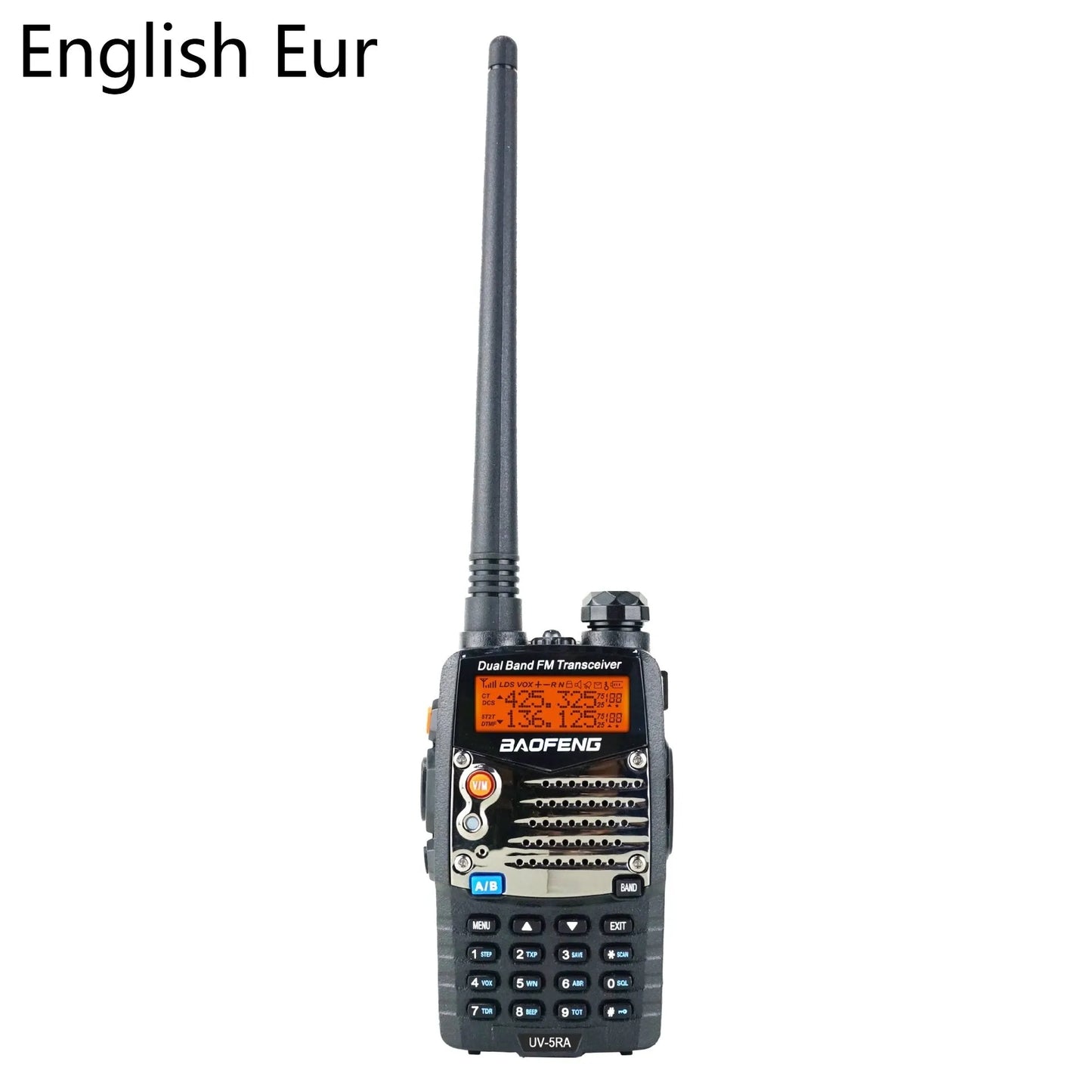 Baofeng UV-5RA handheld dual-band two-way radio with dual display screen and antenna.