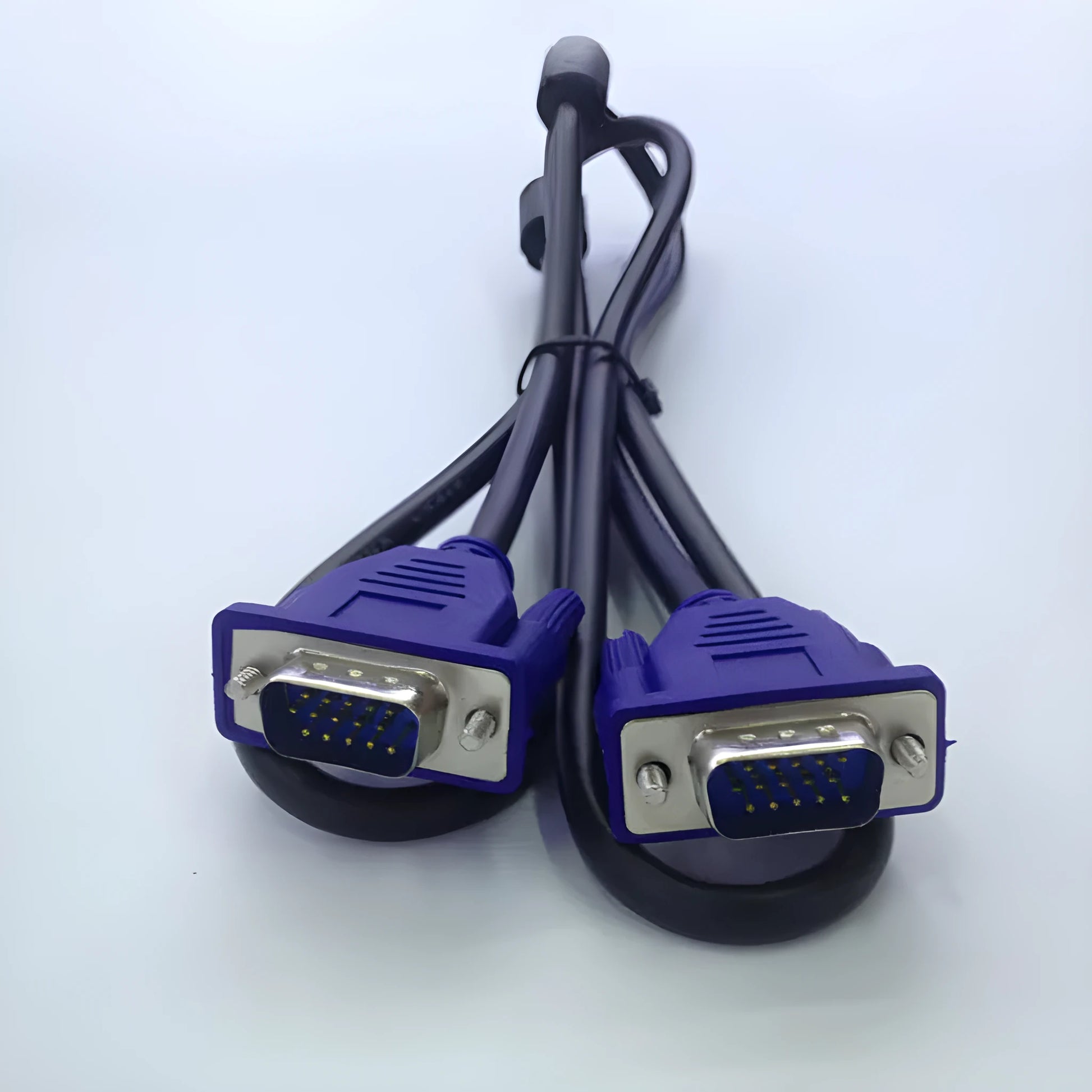 Black VGA cable with blue connector heads measuring 1.5 metres for computer to monitor connections