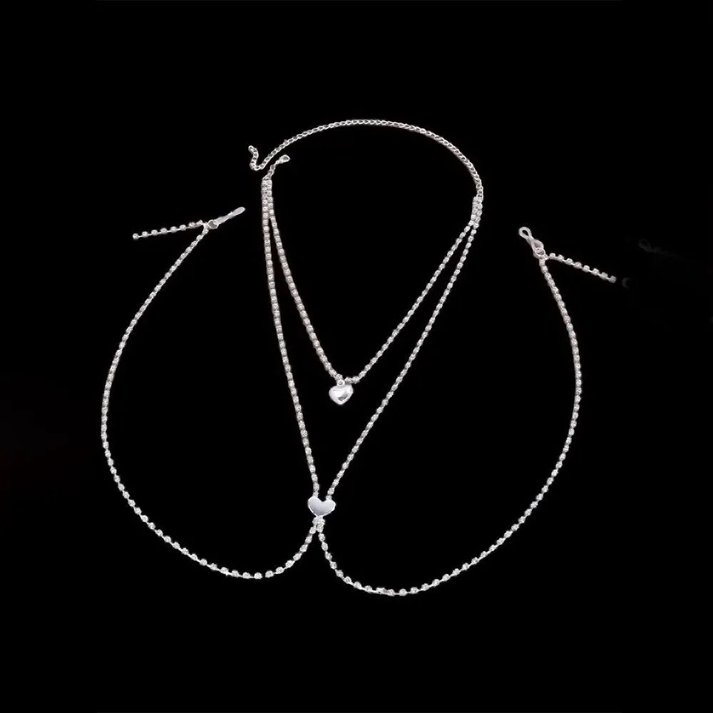 Gold or silver electroplated body chain with heart-shaped rhinestone elements for women's fashion