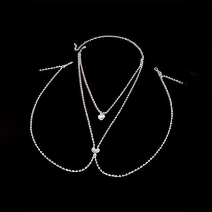 Gold or silver electroplated body chain with heart-shaped rhinestone elements for women's fashion