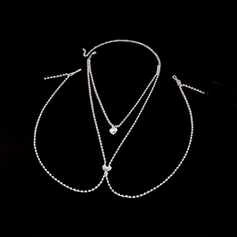 Body chain jewellery featuring rhinestone-embellished heart shapes made from alloy inlaid artificial gemstones, available in gold or silver electroplated finishes as women's fashion accessory