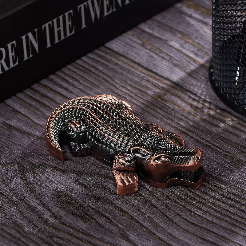 Crocodile-shaped windproof butane lighter with adjustable flame in red copper and bronze