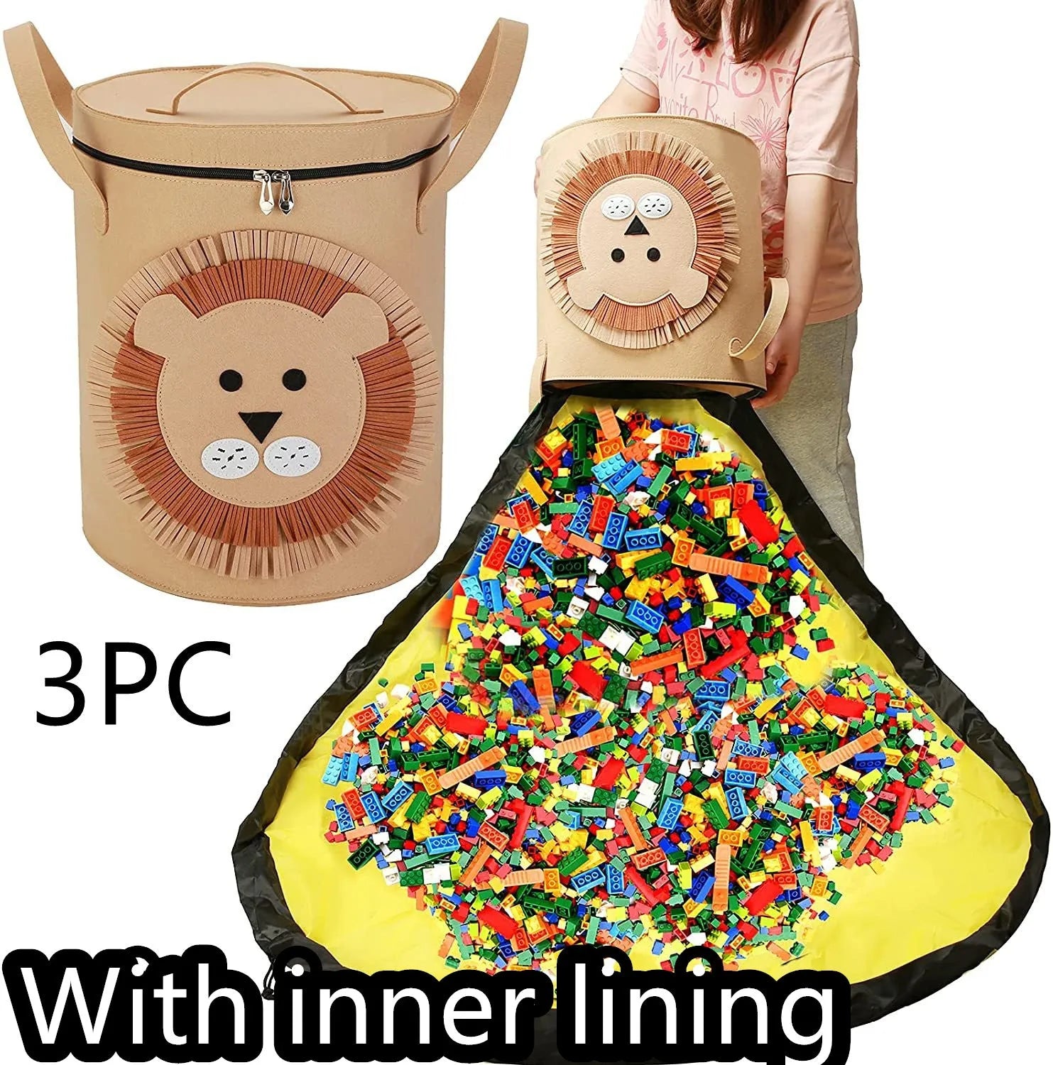 Green felt storage cube with pull rope unfolded into a large square play mat on a wooden floor.