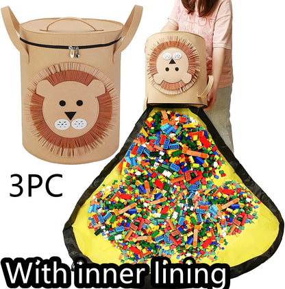 Green felt storage cube with pull rope unfolded into a large square play mat on a wooden floor.