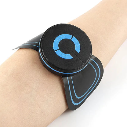 Black HQ-185 mini electric shoulder and neck massager with massage patch, showing compact 15cm size.