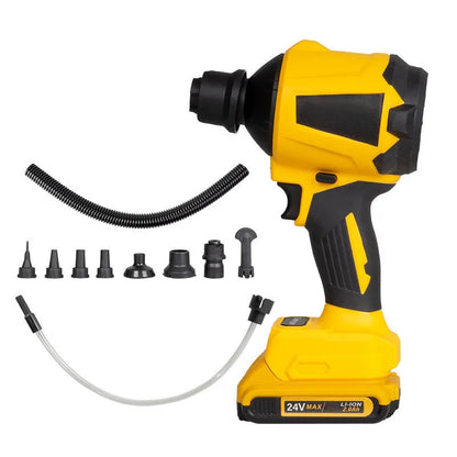 Yellow cordless lithium battery dust gun with accessories for household and office cleaning tasks
