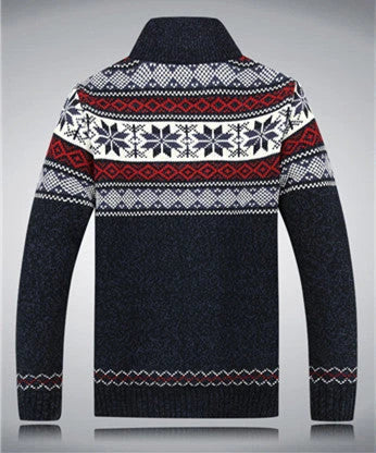 Cozy and stylish men's velvet cardigan sweater in blue, white, red, and grey colors