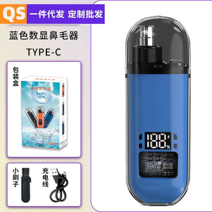 Rechargeable nose hair trimmer with digital display, removable cutter head, and cleaning brush.