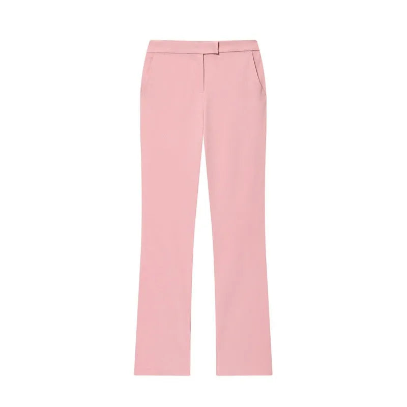 Women's slim-fit two-piece suit set with long-sleeve button jacket and flared pants in black, grey, pink, or apricot, sizes XS to L
