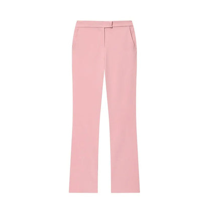 Women's slim-fit two-piece suit set with long-sleeve button jacket and flared pants in black, grey, pink, or apricot, sizes XS to L