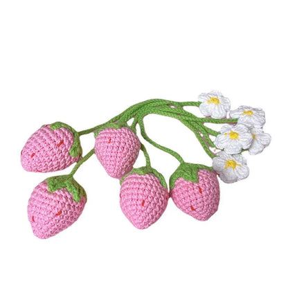 Wool crochet woven strawberry pendant necklace on 35cm chain in pink or red colour