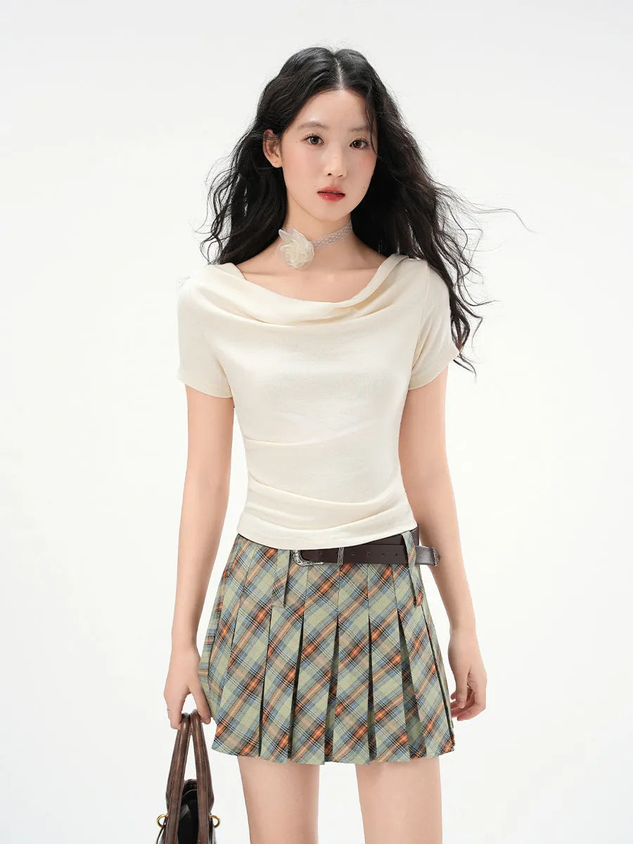 Women's one-shoulder draped neckline short sleeve top in slim fit with pleat detail, shown in Apricot