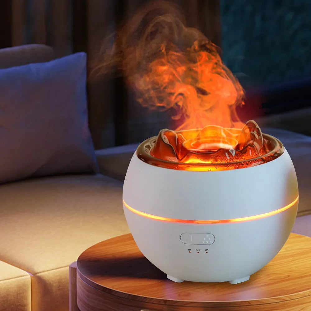 White flame aroma diffuser humidifier with round shape on wooden desk