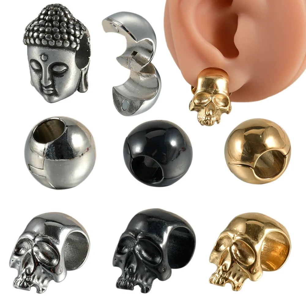 Personalised stainless steel hollow skull Buddha earrings showing 1.5 cm diameter and electroplated colour options