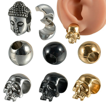 Personalised stainless steel hollow skull Buddha earrings showing 1.5 cm diameter and electroplated colour options