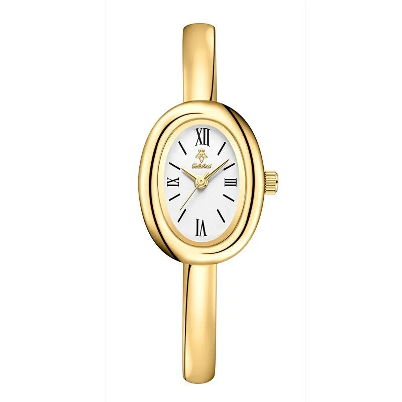Women's oval retro quartz watch in gold colour with slim 8mm case thickness